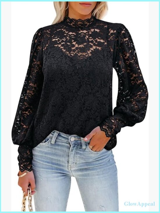 Tops - Women's Lace Floral Long Sleeve Blouse Dressy Casual Mock Neck Shirt